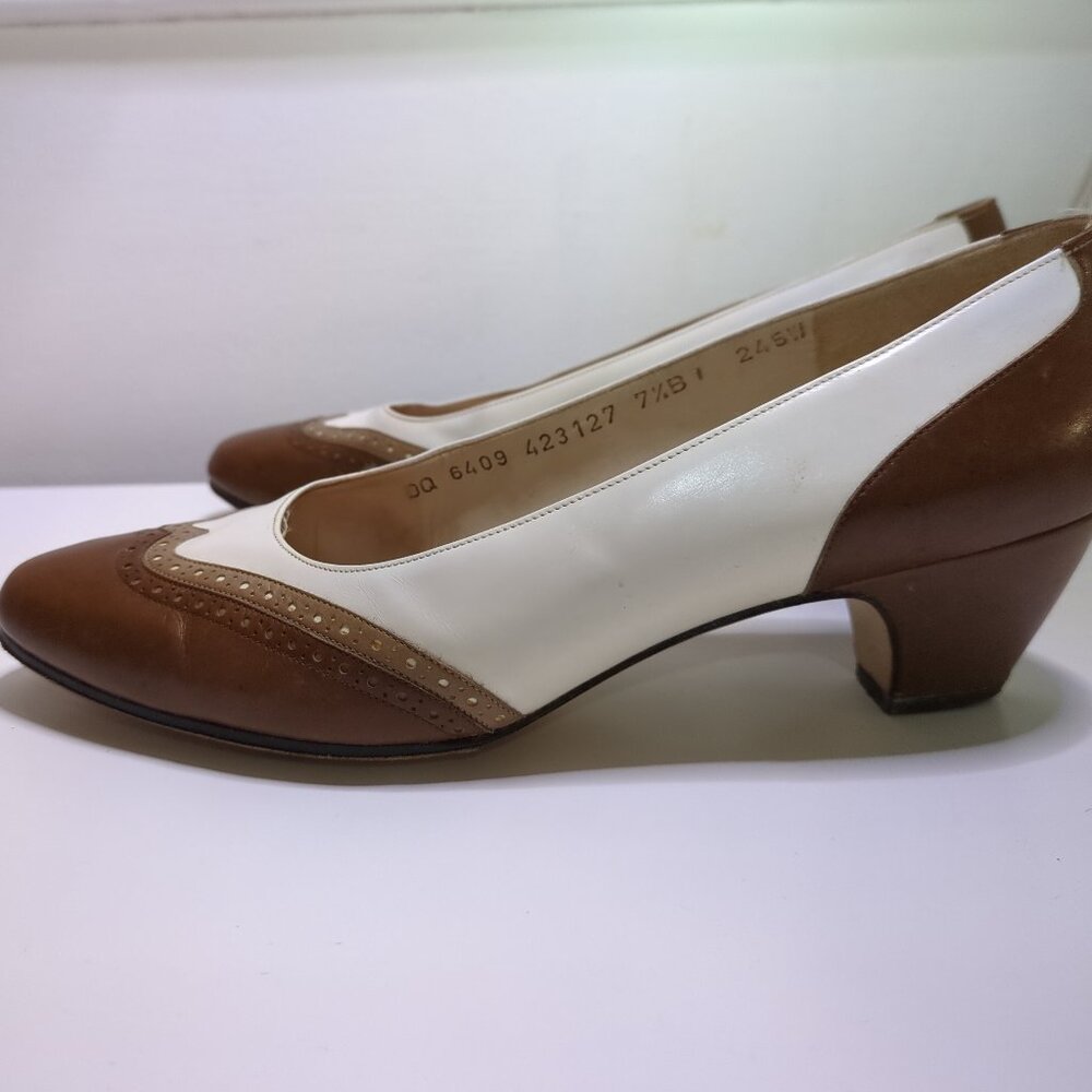 Vintage Salvatore Ferragamo White & Brown Leather Heels – Size 7.5 (Runs Small)